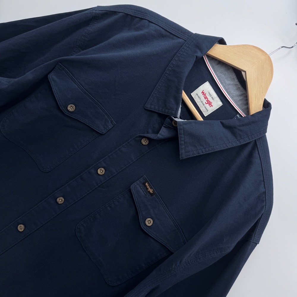 Wrangler Button Down Shirt XXL Navy Blue Long Sleeve Stretch Cotton Workwear